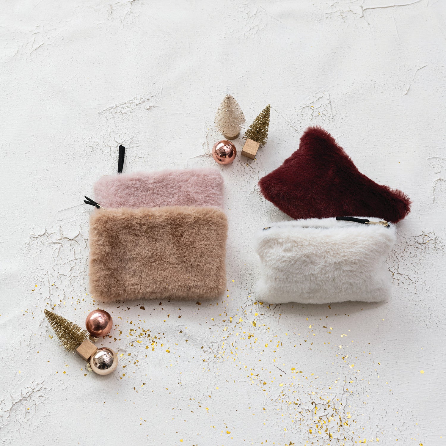 Faux Fur Fabric Zip Pouch with Interior Lining, 4 Colors to choose from