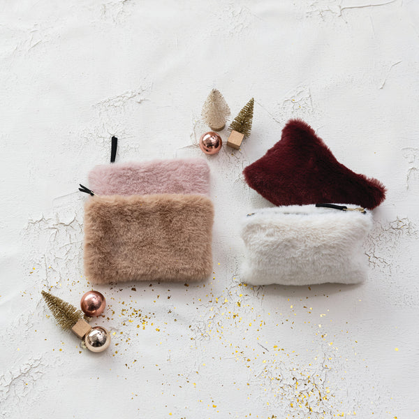 Faux Fur Fabric Zip Pouch with Interior Lining, 4 Colors to choose from
