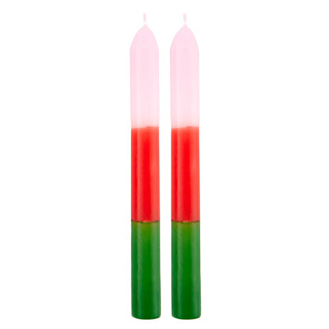 Red Pink & Green Taper Candle Set of 2
