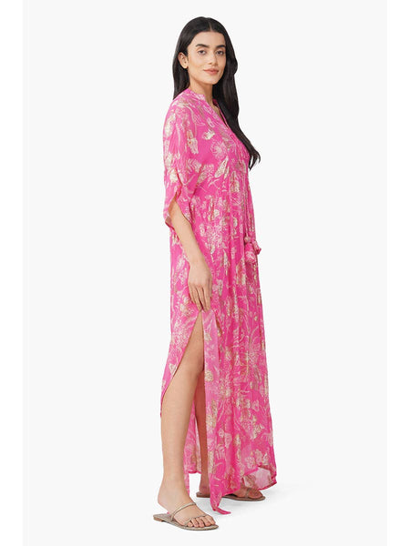 Carnation Pink Leaf Printed Kaftan
