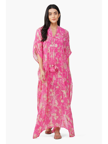 Carnation Pink Leaf Printed Kaftan