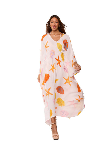 Coral Printed Long Kaftan - One Size