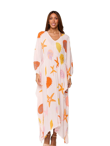 Coral Printed Long Kaftan - One Size
