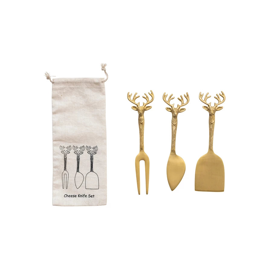 Reindeer Cheese Knives, Set of 3 in Printed Drawstring Bag