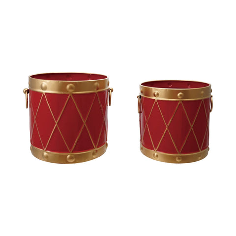 Metal Drum Shaped Bucket with Handles, Red & Gold Finish