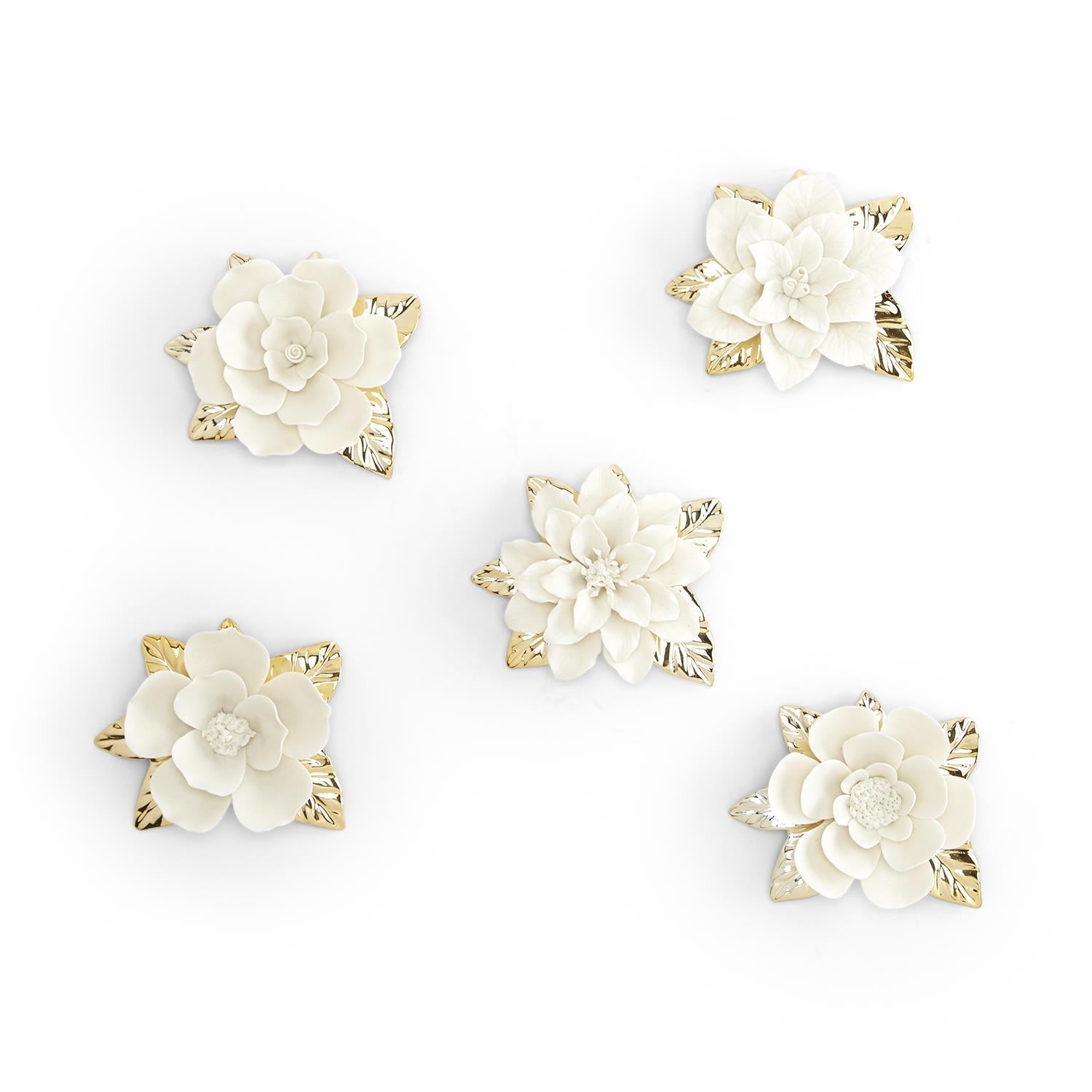 Flowerscape Wall Sculpture with Matte Finish and Golden Leaves - 5 Assorted Designs - Porcelain
