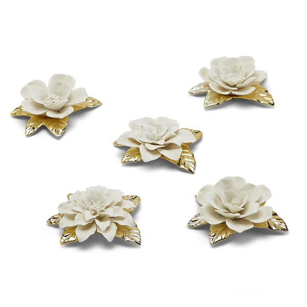 Flowerscape Wall Sculpture with Matte Finish and Golden Leaves - 5 Assorted Designs - Porcelain