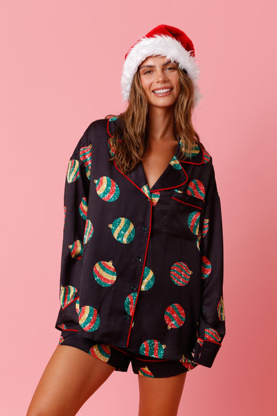 Christmas Ornament Satin PJ Shorts - Black